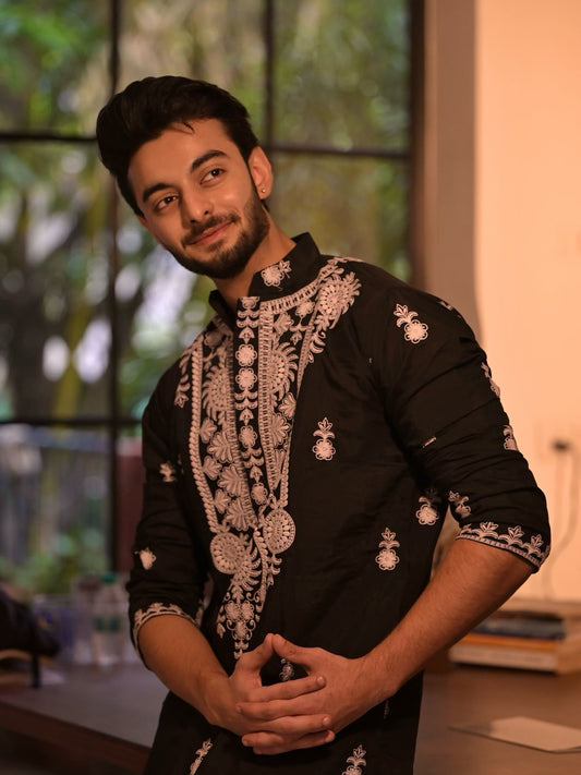 SPECIAL BLACK NECK EMBROIDERED WORK MEN’S KURTA WITH PAJAMA