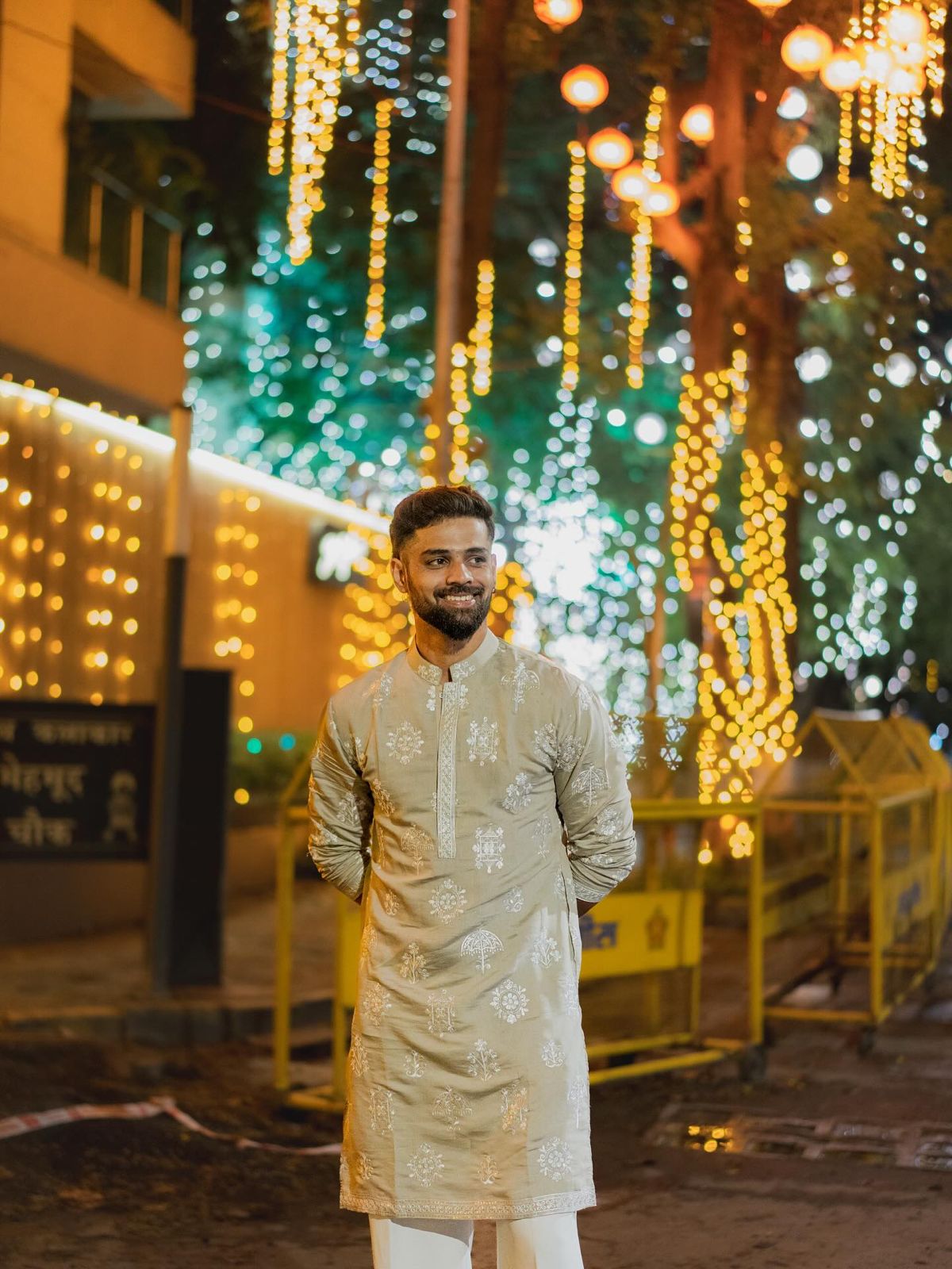 BEIGE MUSLIN SILK RESHAM MOTIF EMBROIDERED KURTA PAJAMA SET