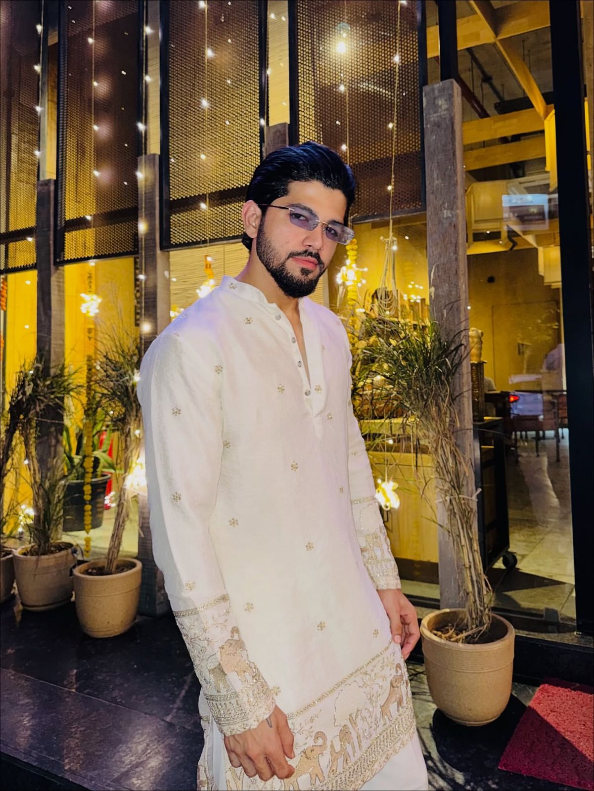 WHITE ELEPHANT AND BUTTI EMBROIDERY WORK KURTA PAJAMA SET