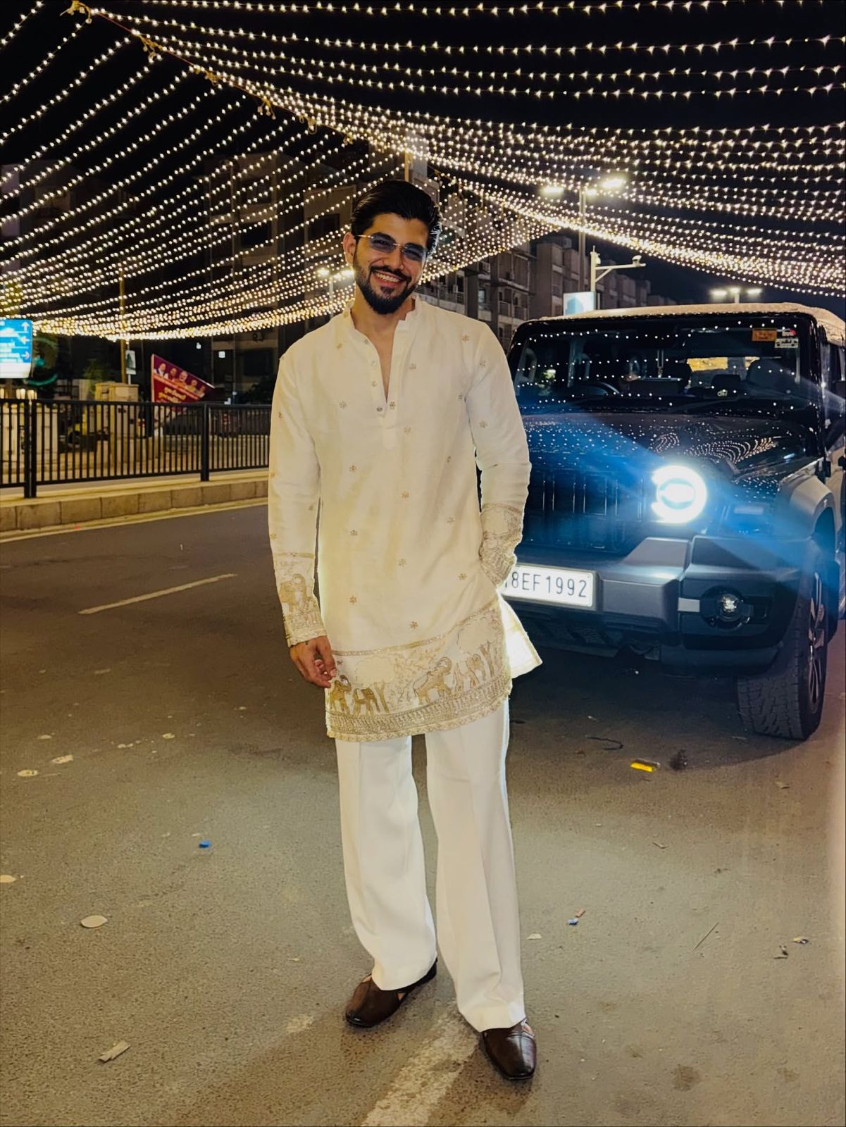 WHITE ELEPHANT AND BUTTI EMBROIDERY WORK KURTA PAJAMA SET