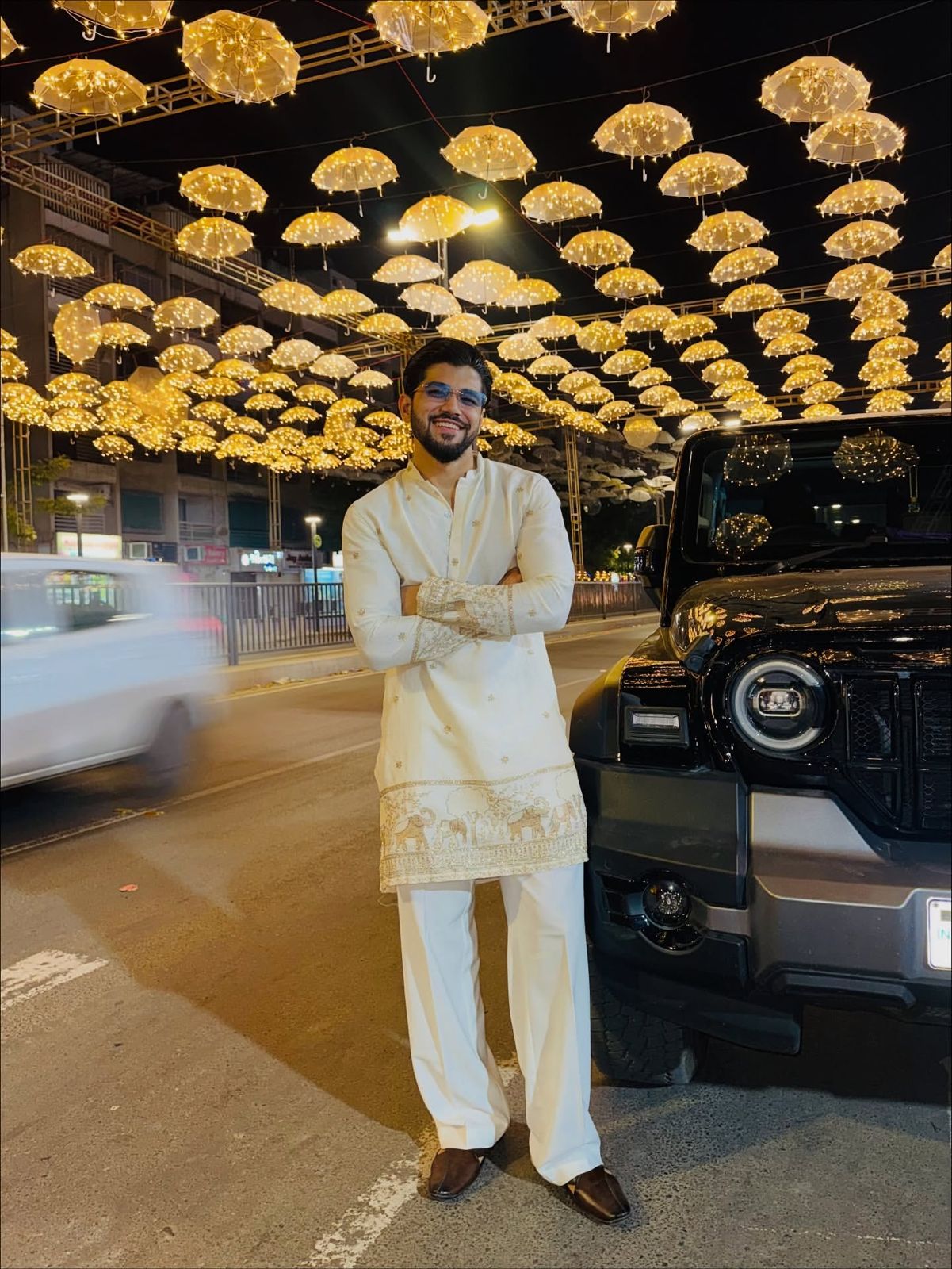 WHITE ELEPHANT AND BUTTI EMBROIDERY WORK KURTA PAJAMA SET