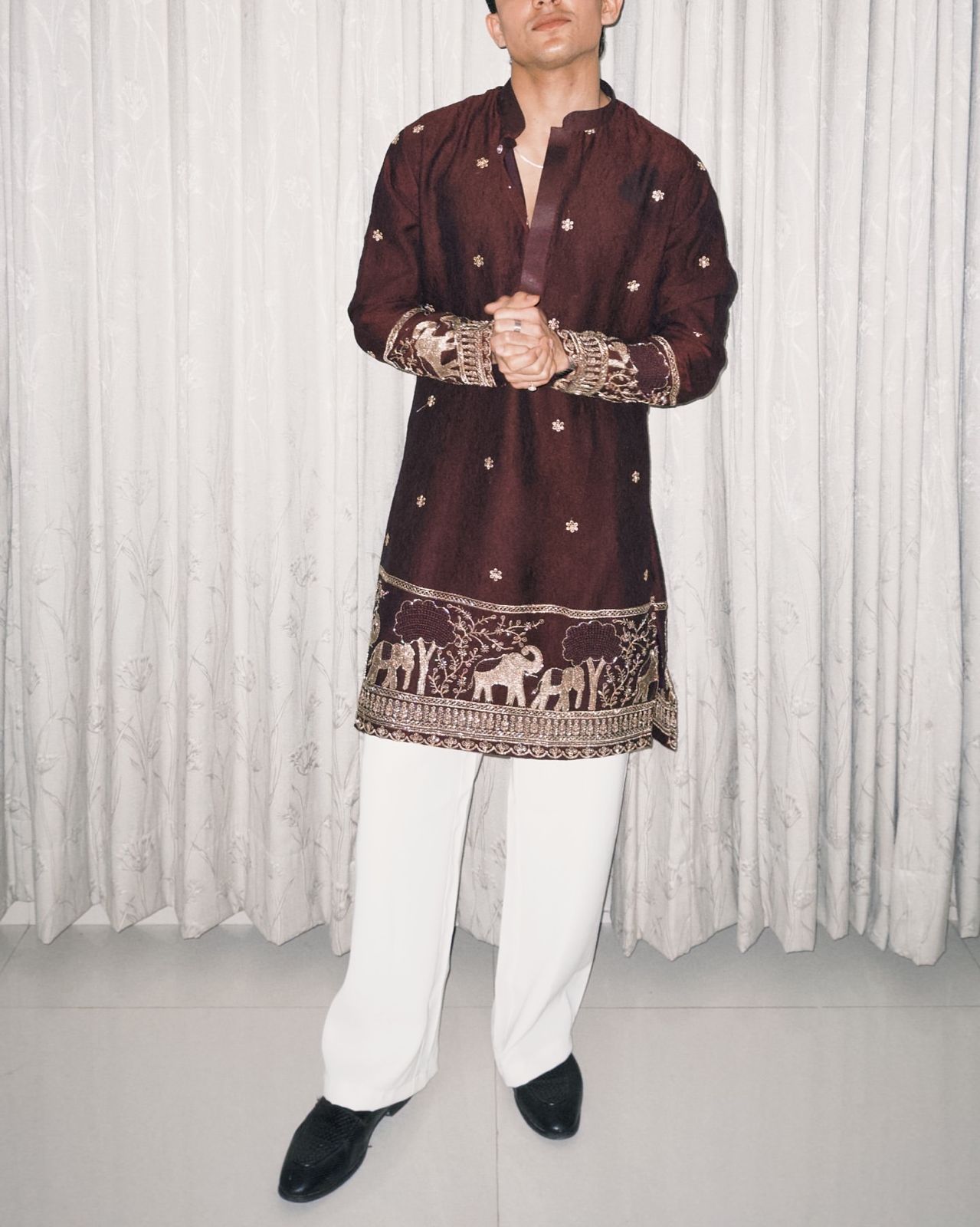 BROWN  ELEPHANT AND BUTTI EMBROIDERY WORK KURTA PAJAMA SET