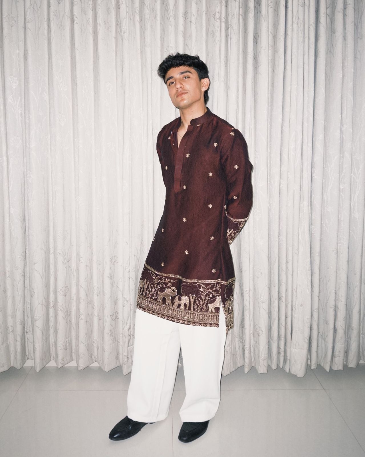 BROWN  ELEPHANT AND BUTTI EMBROIDERY WORK KURTA PAJAMA SET