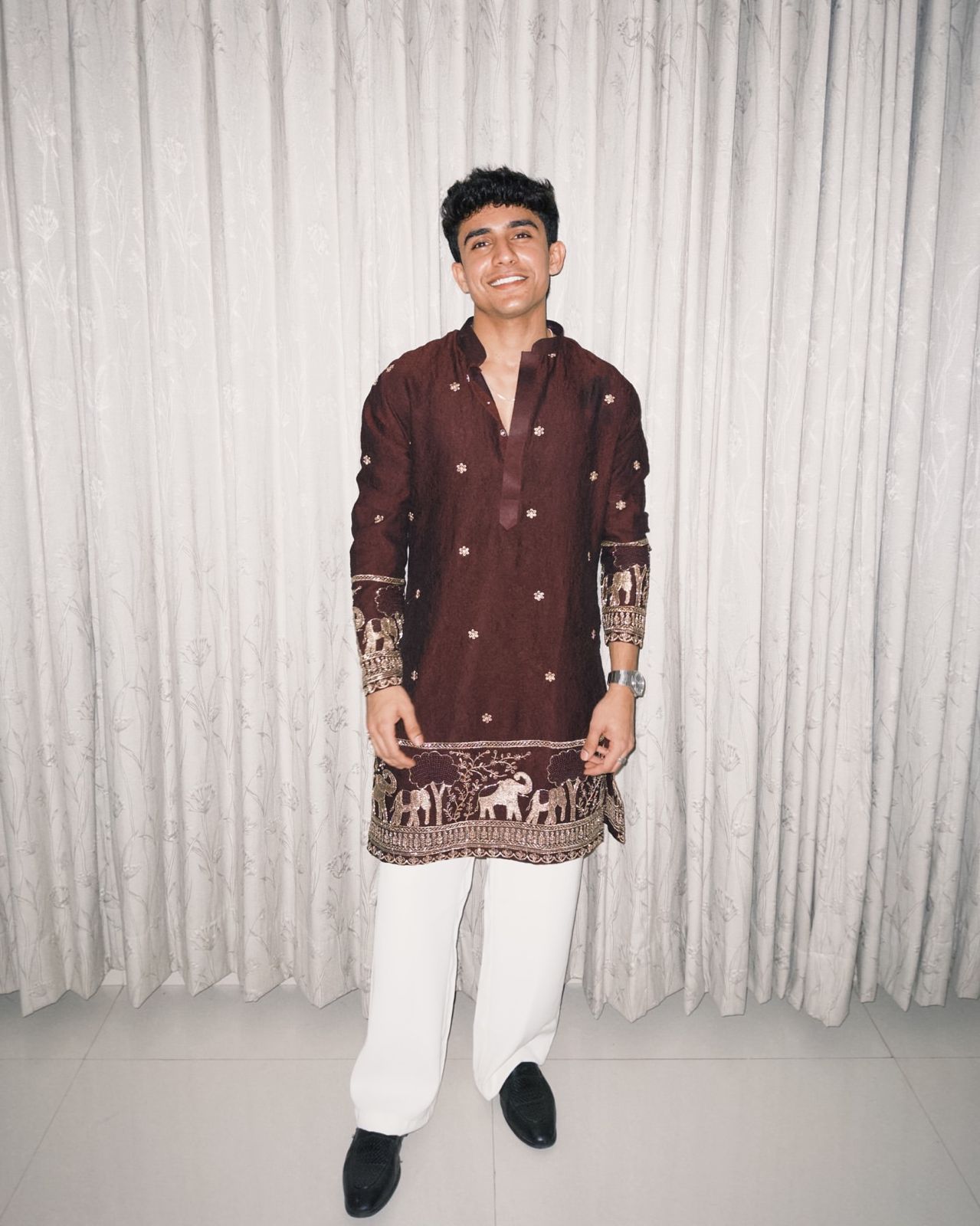 BROWN  ELEPHANT AND BUTTI EMBROIDERY WORK KURTA PAJAMA SET