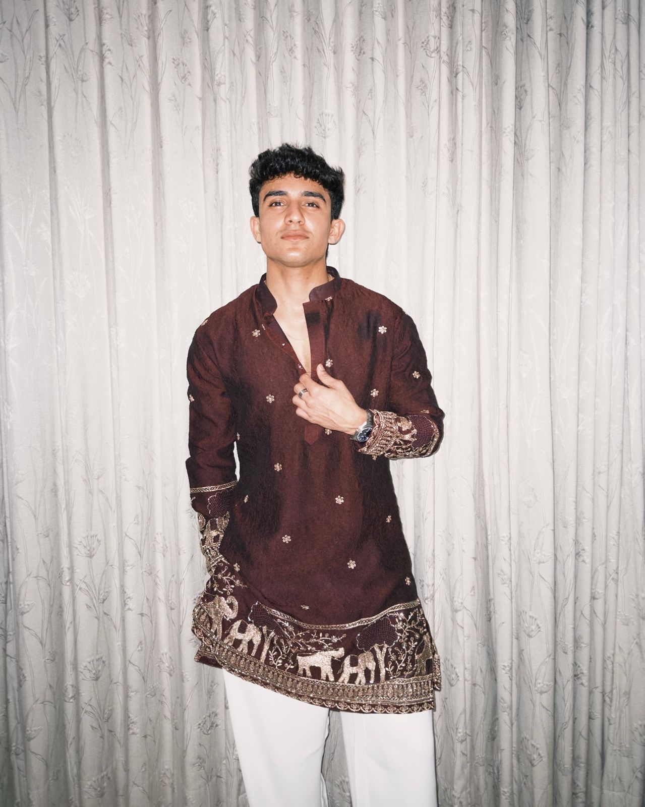 BROWN  ELEPHANT AND BUTTI EMBROIDERY WORK KURTA PAJAMA SET