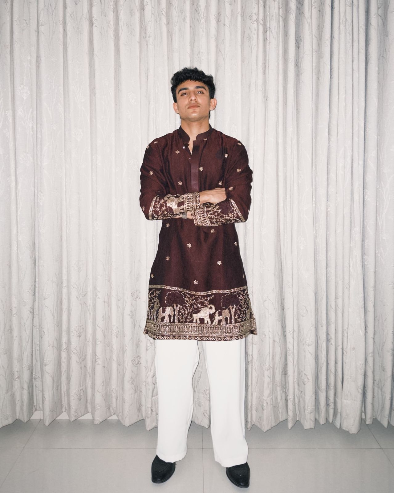 BROWN  ELEPHANT AND BUTTI EMBROIDERY WORK KURTA PAJAMA SET