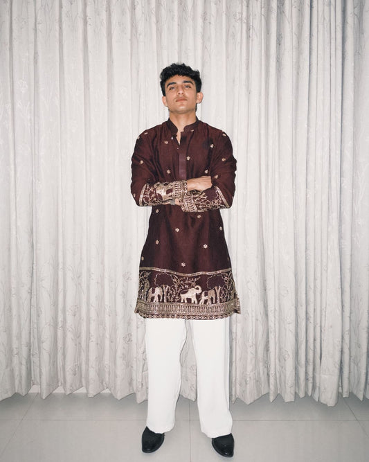 BROWN  ELEPHANT AND BUTTI EMBROIDERY WORK KURTA PAJAMA SET