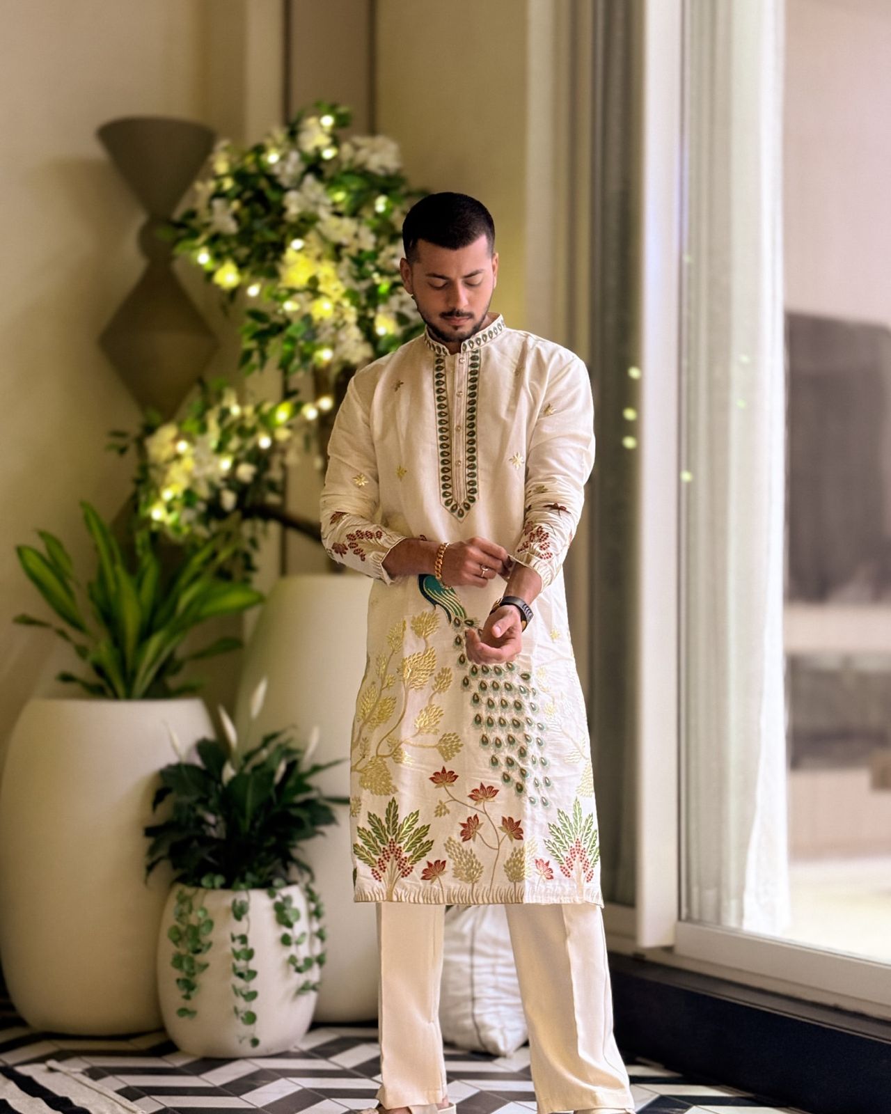 IVORY TREE OF LIFE PEACOCK KURTA PAJAMA SET FOR MEN