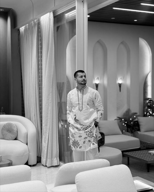 IVORY TREE OF LIFE PEACOCK KURTA PAJAMA SET FOR MEN