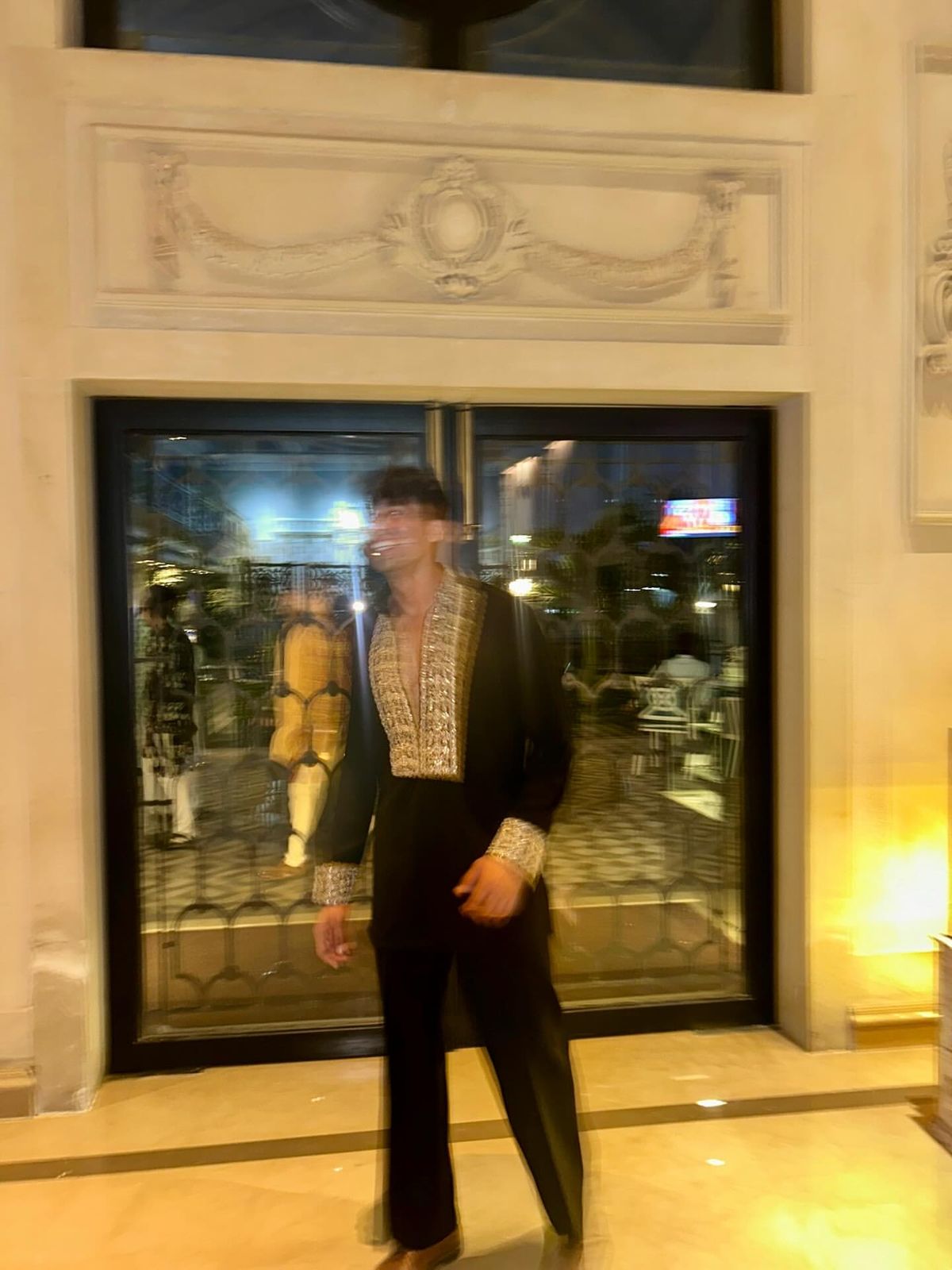 BLACK V NECK EMBROIDERD SHORT KURTA WITH PAJAMA SET