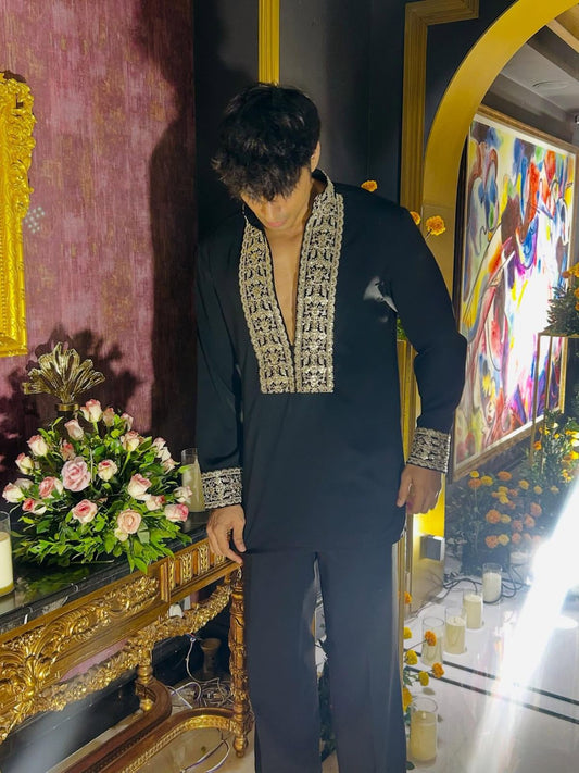 BLACK V NECK EMBROIDERD SHORT KURTA WITH PAJAMA SET