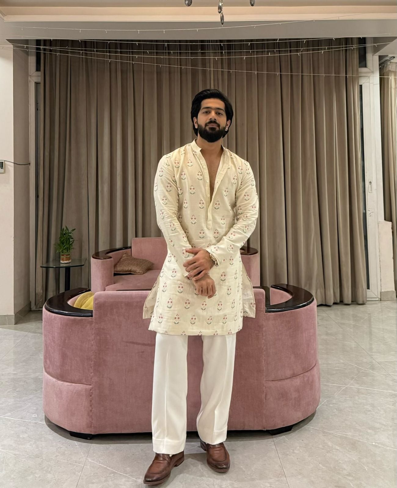 white cotton multi therd embroiderd  work kurta pajama