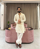 white cotton multi therd embroiderd  work kurta pajama