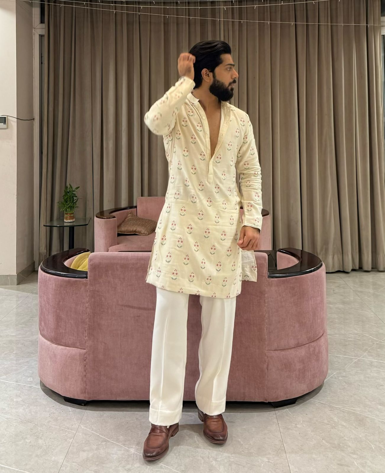 white cotton multi therd embroiderd  work kurta pajama