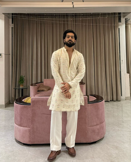 white cotton multi therd embroiderd  work kurta pajama