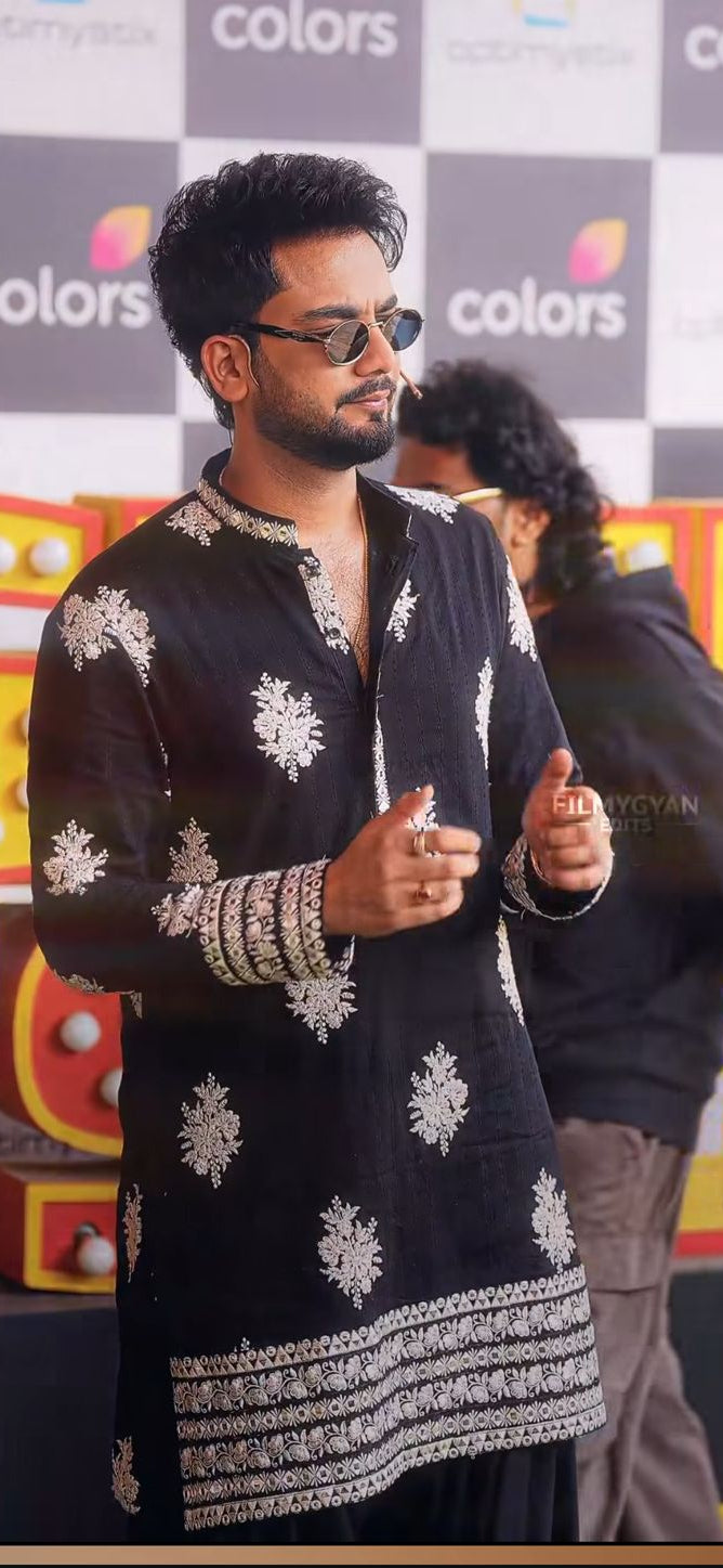 black kurta with  heavy white thread embroidery