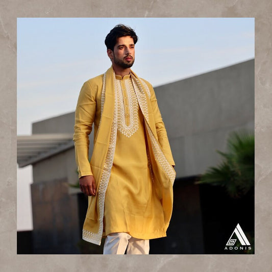 YELLOW  NECK WORK KURTA PAJAMA AND DUPATTA