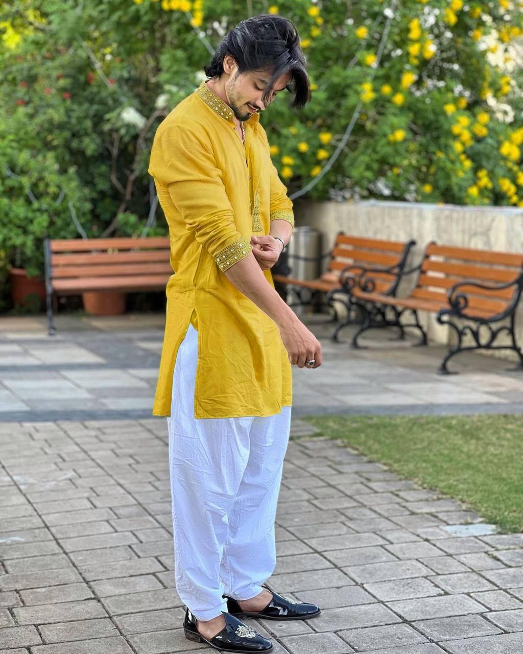 FAISU MUSTARD YELLOW  MIRROR EMBROIDERY KURTA AND PAJAMA