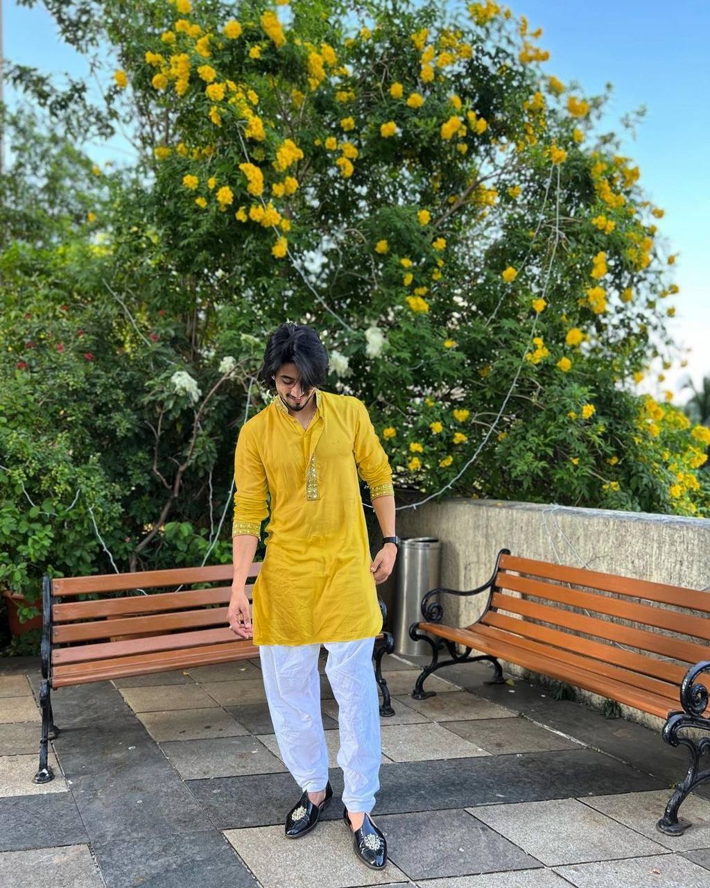 FAISU MUSTARD YELLOW  MIRROR EMBROIDERY KURTA AND PAJAMA