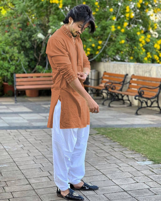 FAISU BROWN  MIRROR EMBROIDERY KURTA AND PAJAMA