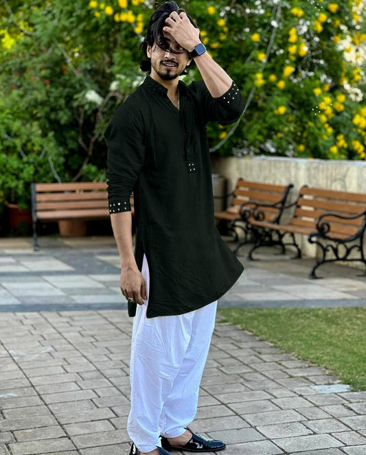 FAISU BLACK MIRROR EMBROIDERY KURTA AND PAJAMA
