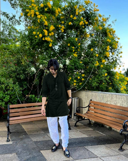 FAISU BLACK MIRROR EMBROIDERY KURTA AND PAJAMA