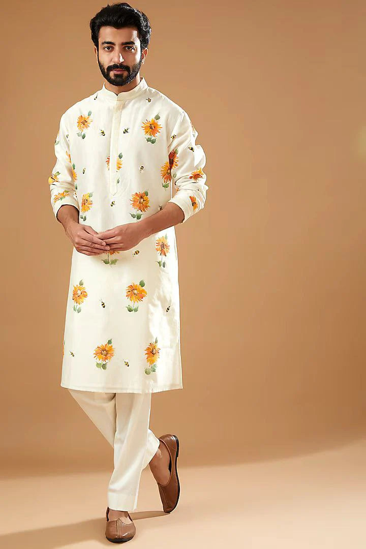 IVORY CHANDERI HANDLOOM PRINTED KURTA PAJAMA SET FOR MEN'S