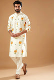 IVORY CHANDERI HANDLOOM PRINTED KURTA PAJAMA SET FOR MEN'S