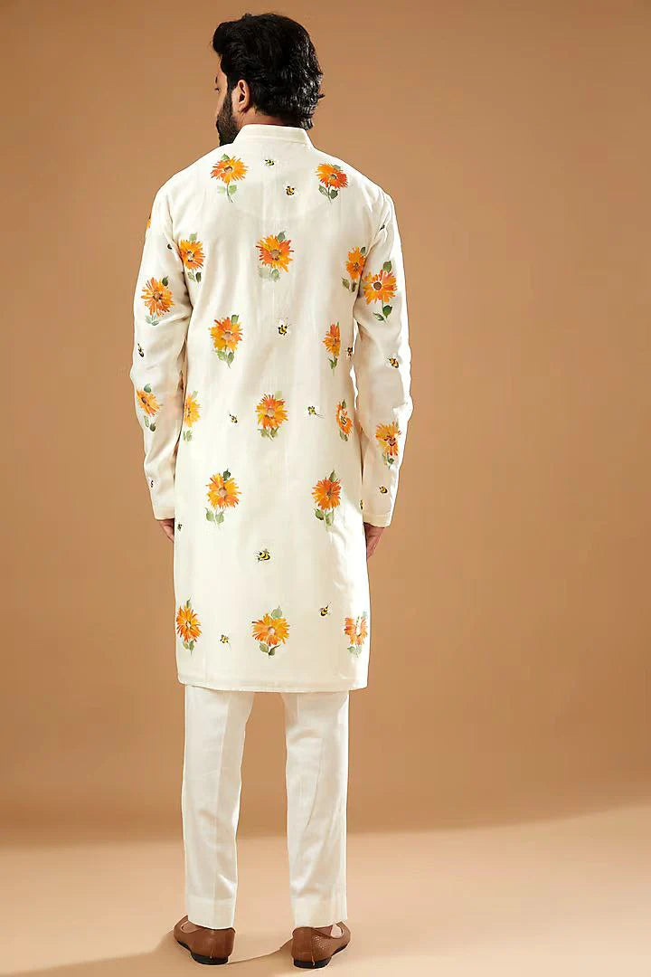 IVORY CHANDERI HANDLOOM PRINTED KURTA PAJAMA SET FOR MEN'S