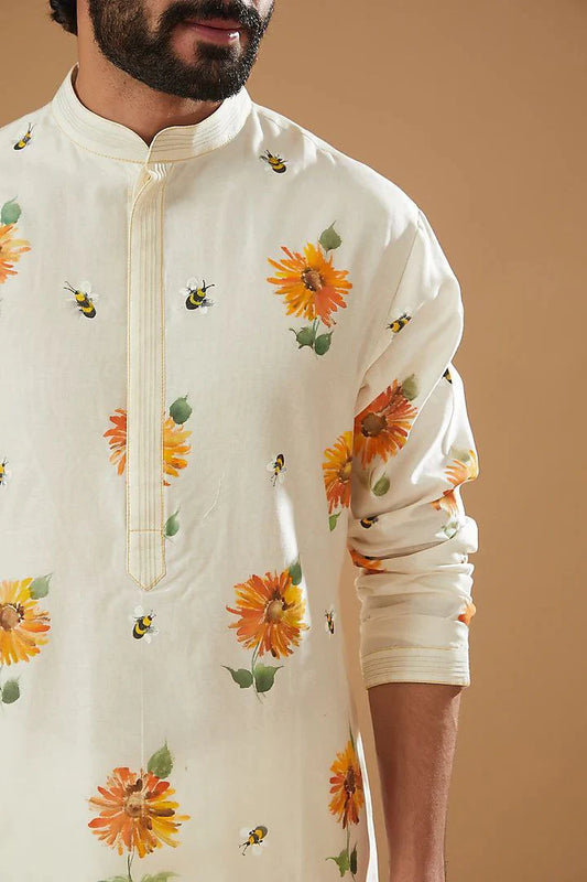 IVORY CHANDERI HANDLOOM PRINTED KURTA PAJAMA SET FOR MEN'S