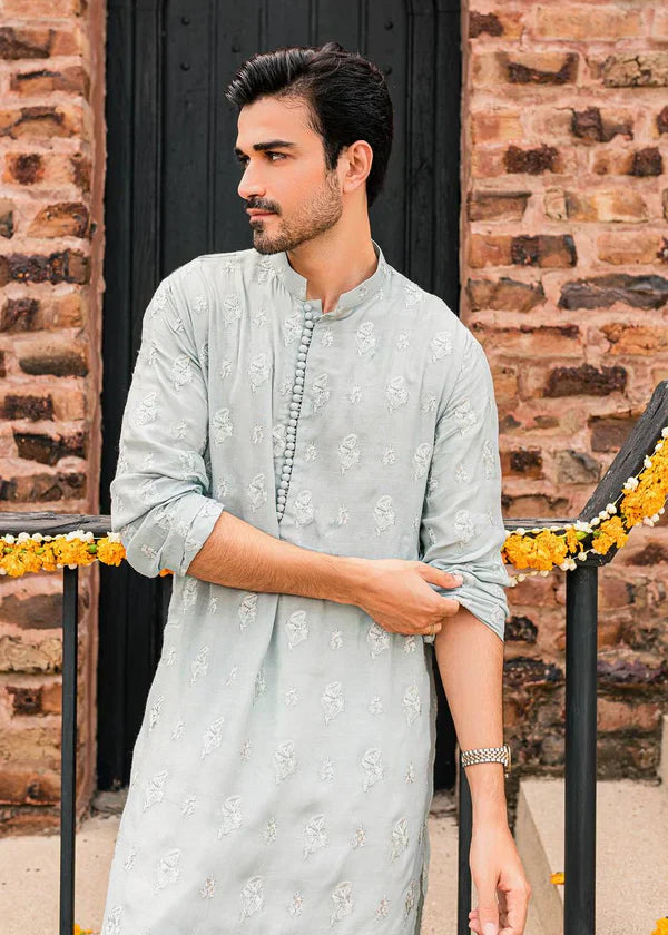 POWDER BLUE EMBRODARY WORK KURTA WITH PAJAMA SET