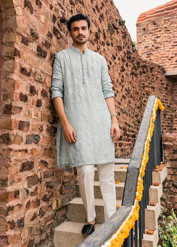 POWDER BLUE EMBRODARY WORK KURTA WITH PAJAMA SET