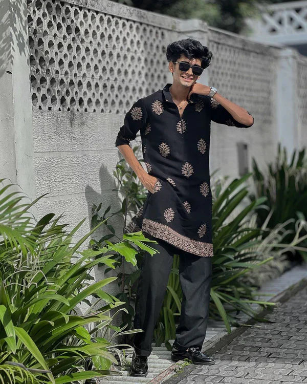 STYLISH BLACK ZIPPER N EMBROIDERED WORK KURTA WITH PAJAMA