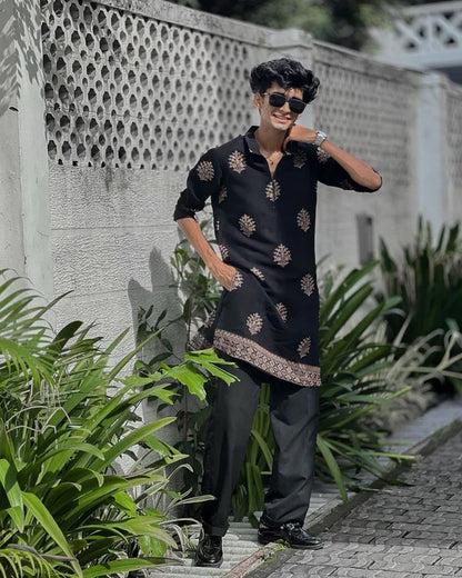 STYLISH BLACK ZIPPER N EMBROIDERED WORK KURTA WITH PAJAMA