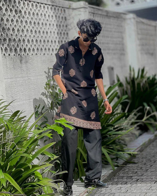 STYLISH BLACK ZIPPER N EMBROIDERED WORK KURTA WITH PAJAMA