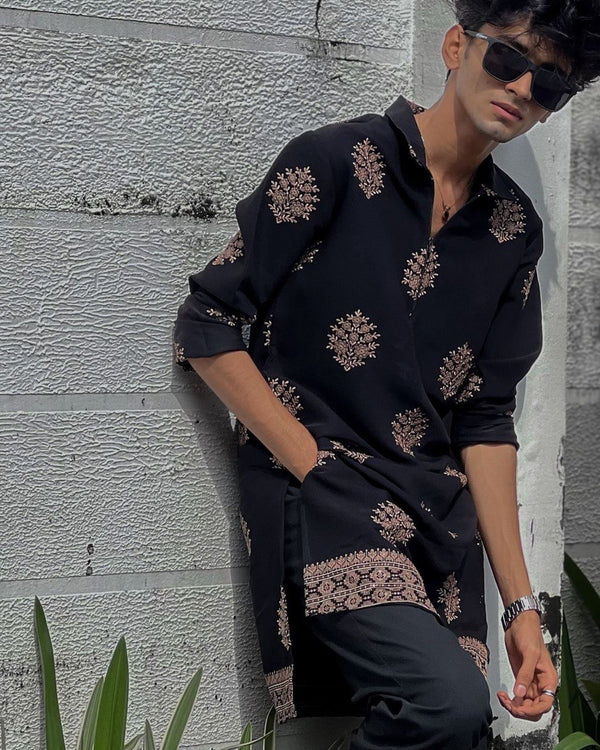 STYLISH BLACK ZIPPER N EMBROIDERED WORK KURTA WITH PAJAMA