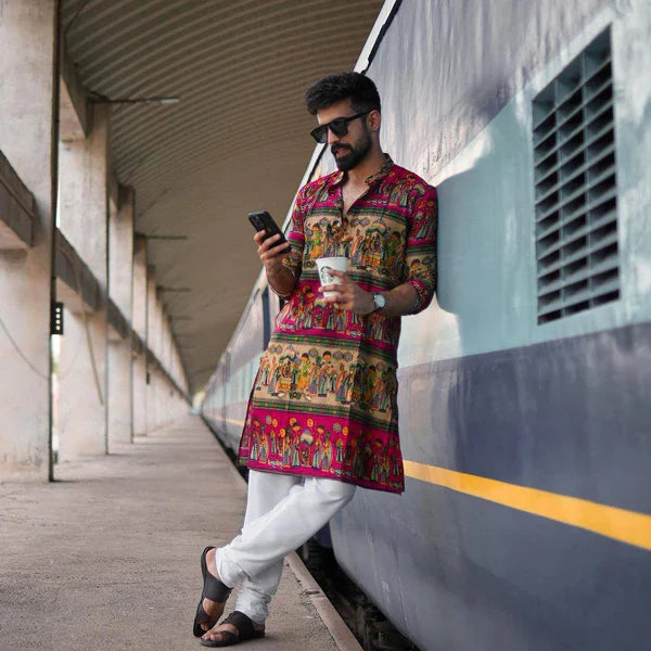 RED N CREAM BLOCK PRINTED KURTA WITH PAJAMA SET