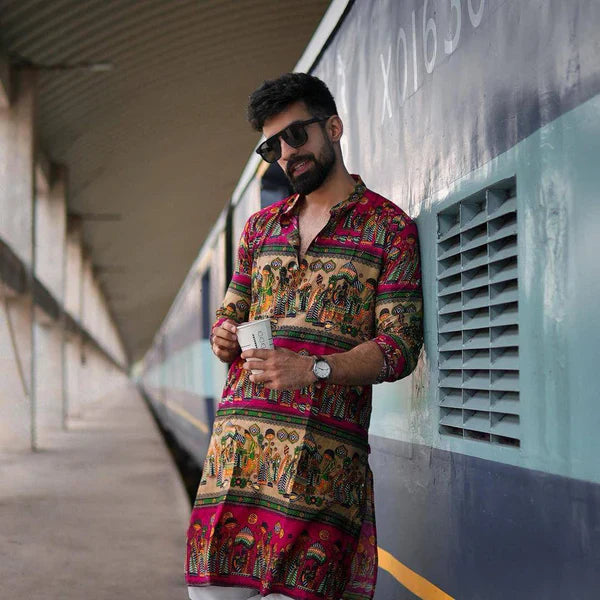 RED N CREAM BLOCK PRINTED KURTA WITH PAJAMA SET