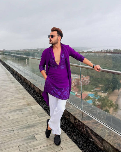 PURPLE EMBROIDERED WORK KURTA PAJAMA AND DUPATTA