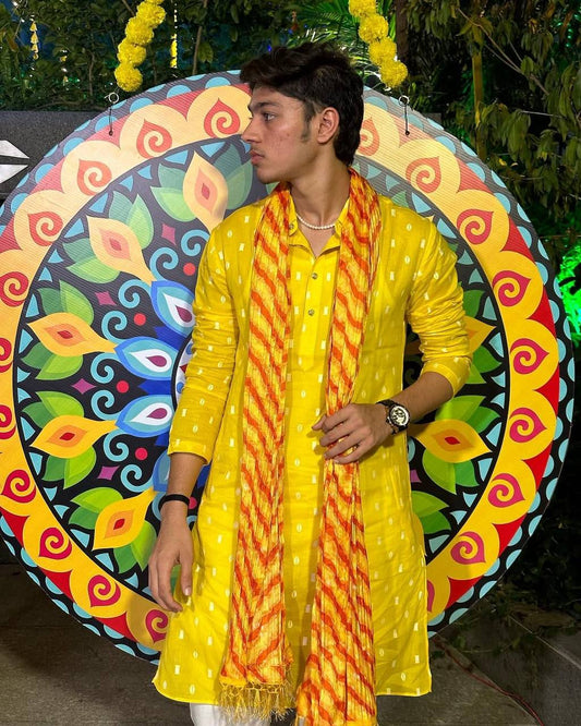 YELLOW PRINTED KURTA PAJAMA  WITH DUPATTA SET
