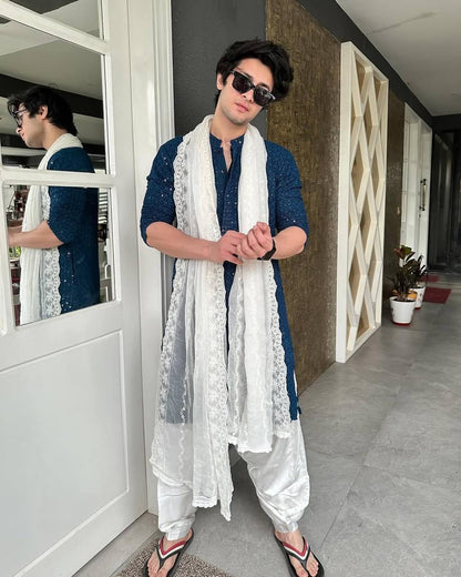 BLUE CHIKANKARI KURTA WITH DUPATTA SET FOR MEN'S