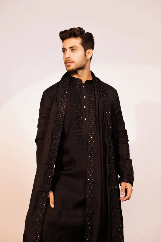 BLACK COLOR KURTA PAJAMA WITH DUPATTA FOR MEN