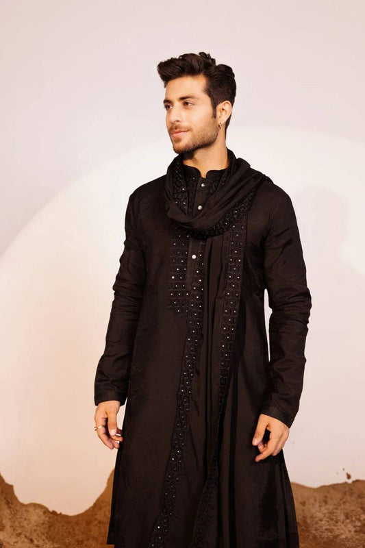 BLACK COLOR KURTA PAJAMA WITH DUPATTA FOR MEN