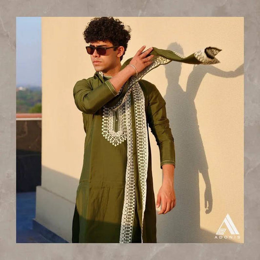 MEHNDI NECK WORK KURTA PAJAMA AND DUPATTA