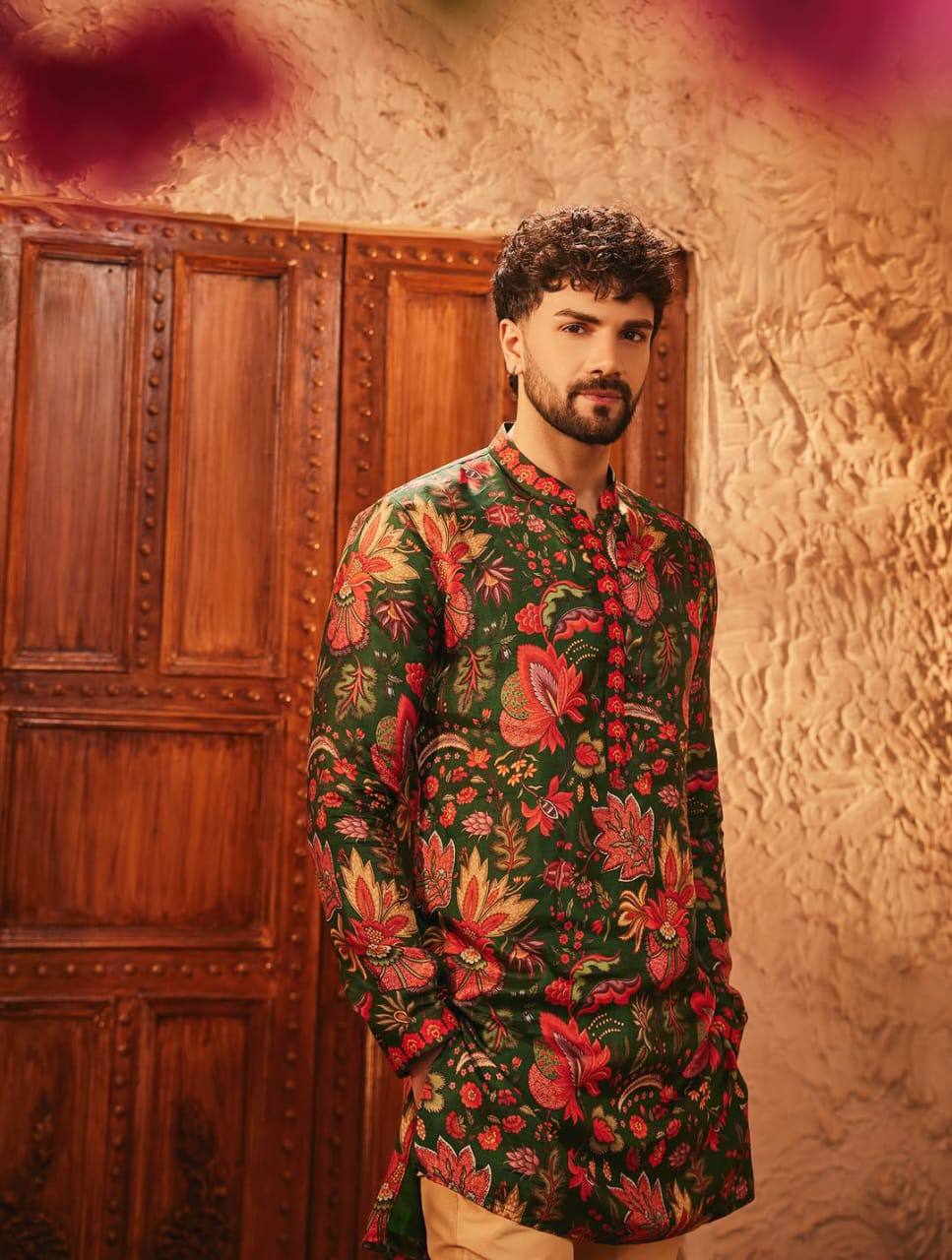 EVAN FLORAL GREEN PRINTED KURTA PAJAMA SET