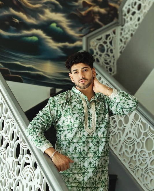 GRREN PRINTED AND NECK EMBROIDERY  WORK KURTA PAJAMA SET FOR MEN'S