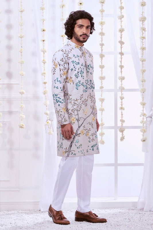 GREY MULTI COTTON SILK PRINTED KURTA PAJAMA SET FOR MEN'S