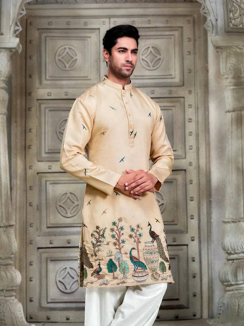 TREE N PEACOCK DAMAN PRINTED WORK KURTA PAJAMA SET FOR MEN'S