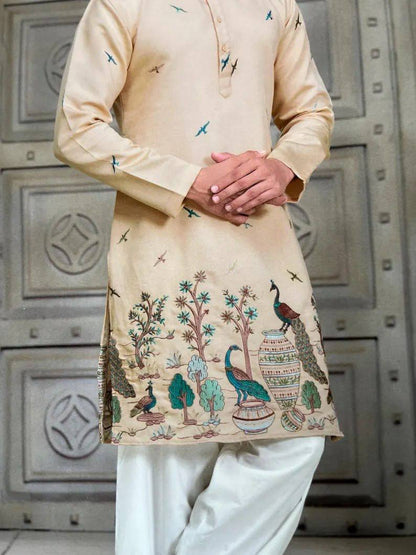 TREE N PEACOCK DAMAN PRINTED WORK KURTA PAJAMA SET FOR MEN'S