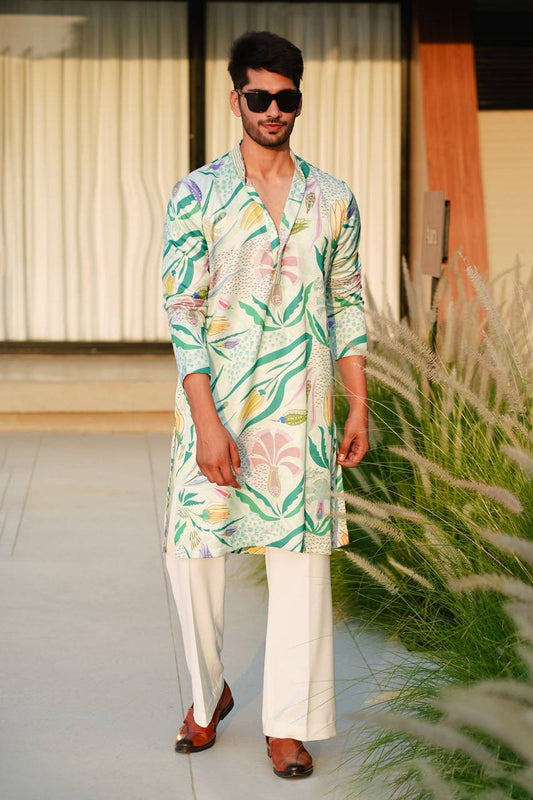 GREEN FLORAL PRINTED KURTA PAJAMA SET FOR MEN'S